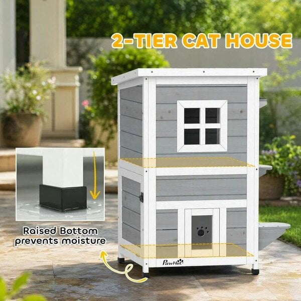Wooden Cat House 2-Floor Outdoor Kitten Shelter with 3 Doors and Window Grey