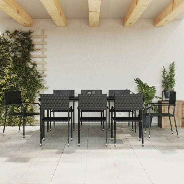 Berkfield 9 Piece Garden Dining Set Black Poly Rattan and Steel