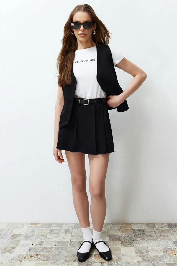 WOVCOR Belted Mini Woven Short Skirt