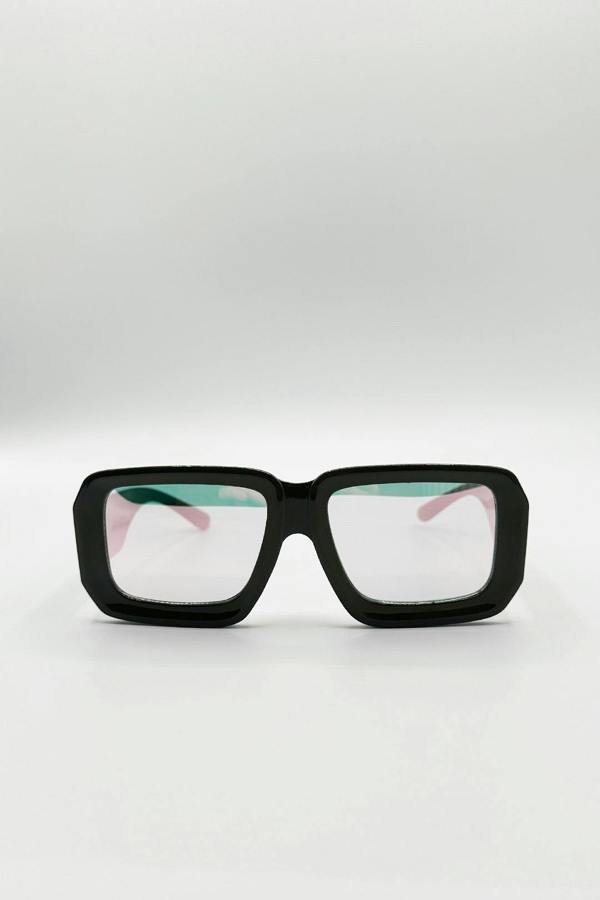 Oversized Square Frame Sunglasses In Mud Grey with Pink Mirror Lenses - svnx