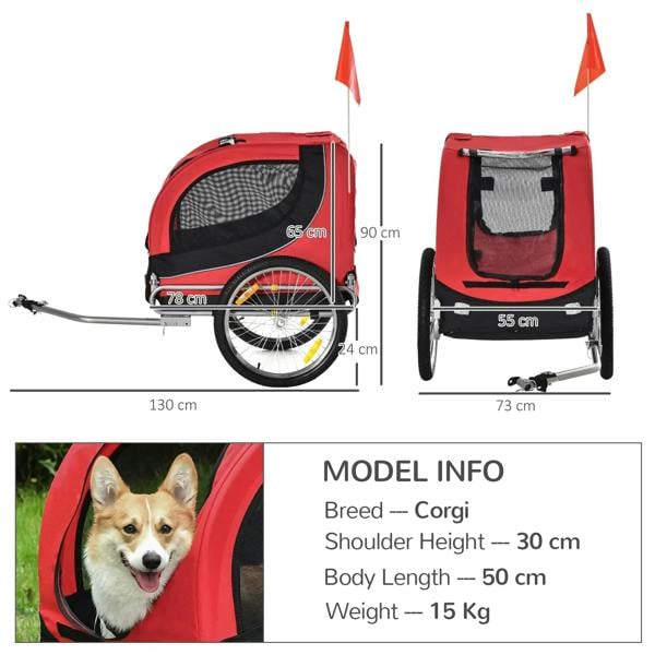 Red bike pet trailer with mesh panels and side door, shown with size measurements