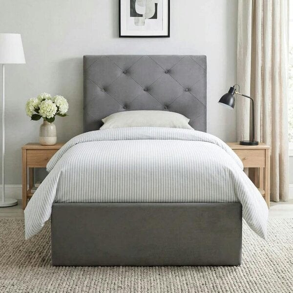 Single Bed Frame Gas End Lift Under Bed Storage Upholstered Platform Bed Tufted Headboard for 90 x 190 cm Mattress - Dark Grey