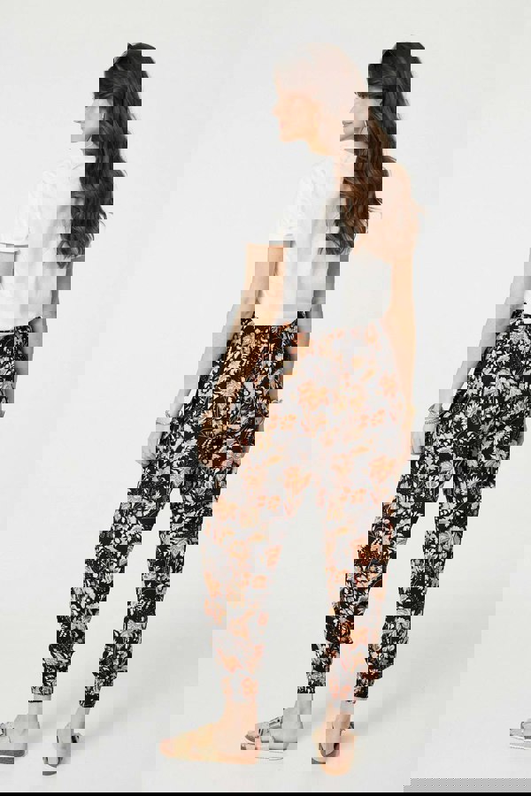 Black | Vintage Floral Shirred Waist Harem Pants