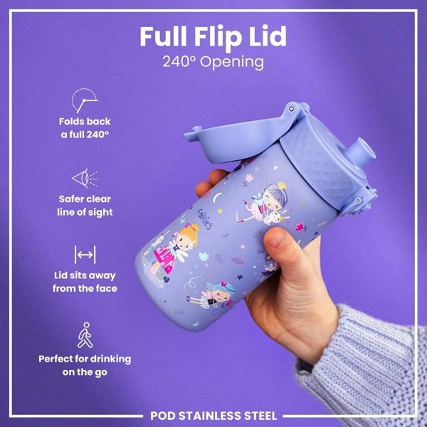 A purple stainless steel water bottle with a fairy design is being held; its full flip lid, opening 240°, sits away from the face. The bottle is shown against a purple background.