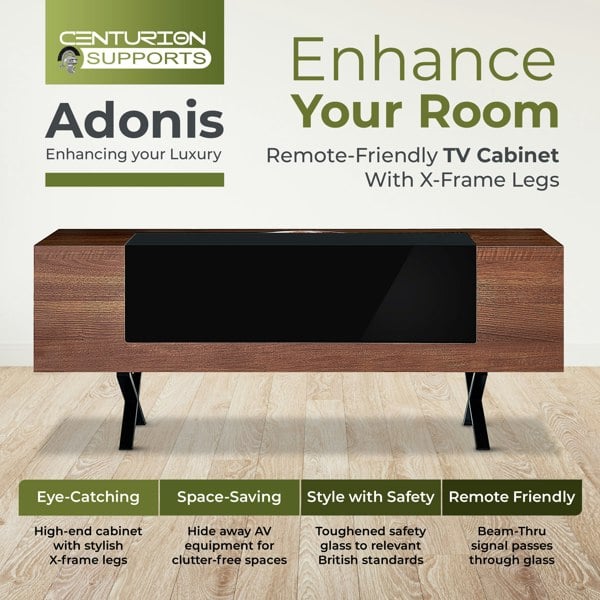 Centurion Supports ADONIS Walnut with Black Contrast Beam-Thru Remote Friendly Door 26"-55” Flat Screen TV Cabinet