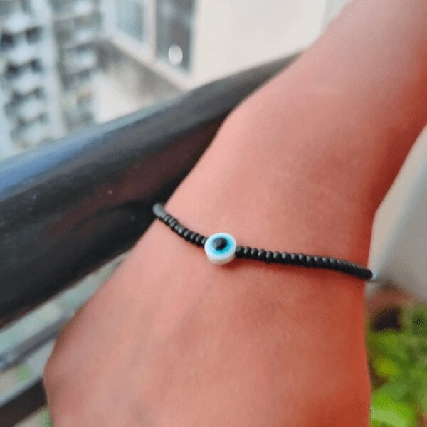 The Colourful Aura Adjustable Black Beads Evil Eye Indian Nazar Protection Slim Beaded Bracelet