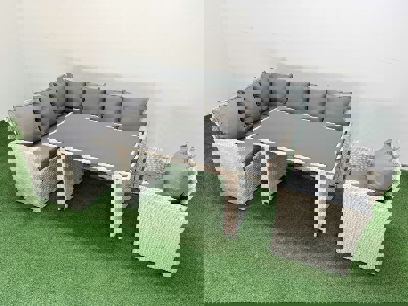 Fimous 7 Seater Wicker Rattan Corner Sofa Sets Outdoor Garden Furniture Sets with Rectangular Dining Table Lounge Sofa Armchair Light Grey