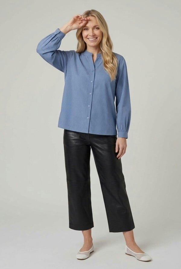 Izabel London Pinstriped Long Sleeve Collarless Shirt