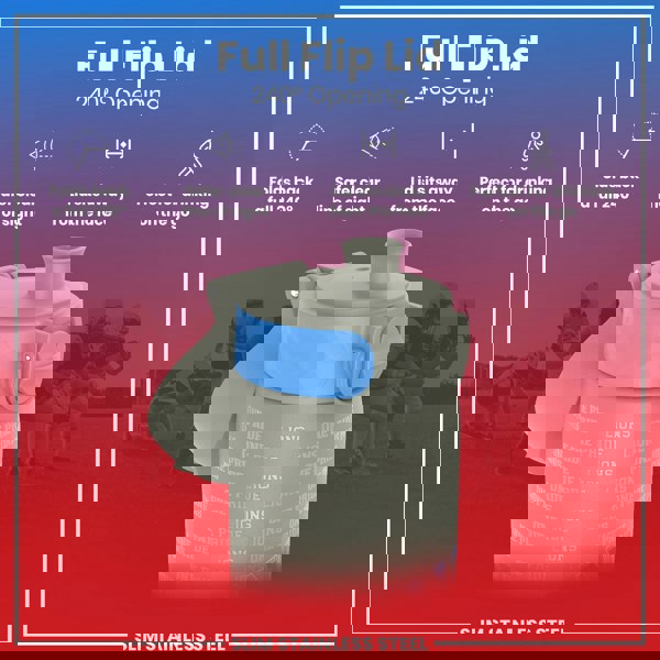 A gray stainless steel water bottle with a light blue accent and “LIONS ONE PRIDE” text, flips open 240 degrees, providing a clear line of sight, and is suitable for on-the-go use.