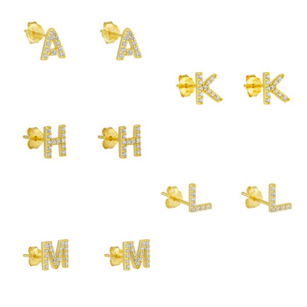 Spero London Initial Letter Stud Earrings Sterling Silver in 18K Gold Plated - Pair