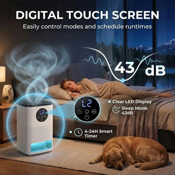 Bobobiy 300mL/Day Small Dehumidifier, RGB Mood Lights, Continuous Drainage, 24H Timer, LED Display, Dehumidifier for Home Damp