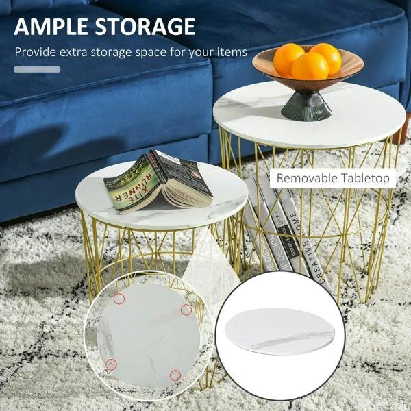Set of 2 round nesting side tables with white tops, gold wire frames, and removable table tops