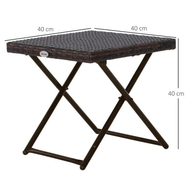 Small square brown rattan coffee table with woven top and folding X-frame base