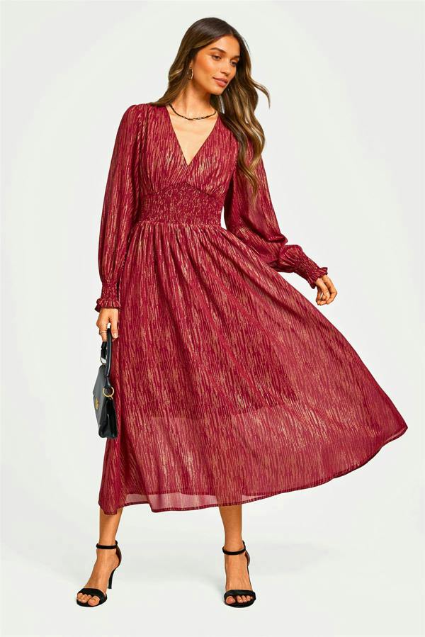 FS Collection Gold Stripe Foil Long Sleeve Maxi Dress In Wine