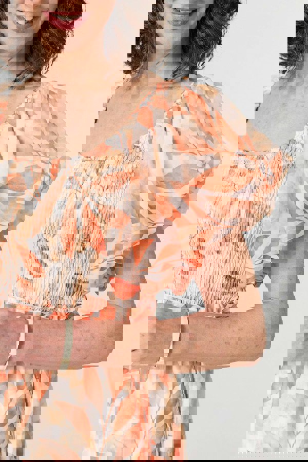 Orange | Leaf Print Short Puff Sleeve Midi Dress
