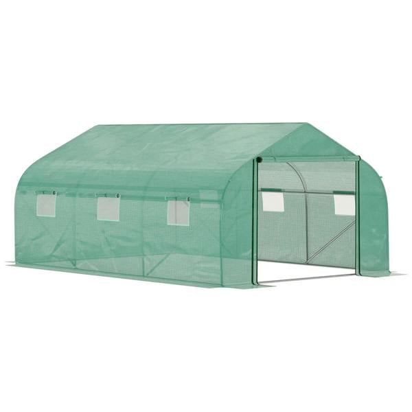 Green outdoor walk-in greenhouse with PE cover, mesh panels, and front zip door