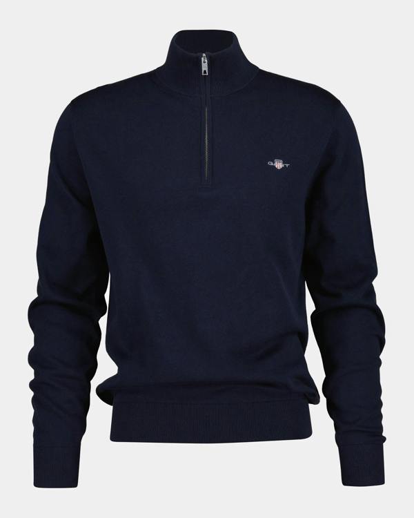 GANT Mens Classic Cotton Shield Logo Half Zip Jumper - 433 Evening Blue | CHO | Designer Mens Quarter Zip Jumpers