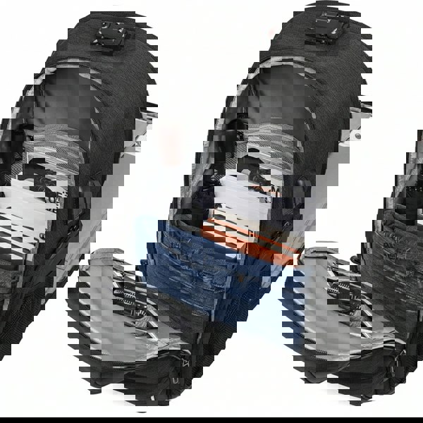 best Black multifunctional laptop backpack with compartments containing items on a white background