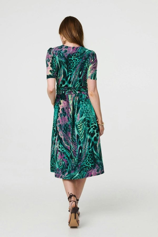 Green | Feather Print 1/2 Sleeve Wrap Midi Dress