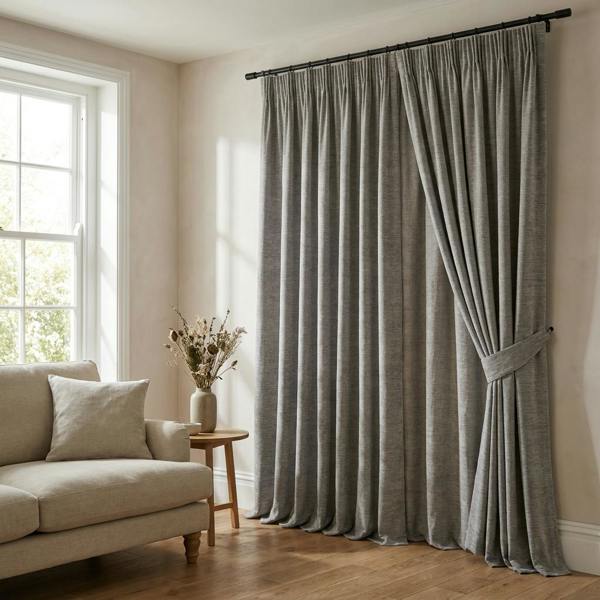 Kent made-to-measure curtains in Dove Grey, styled in a living room
