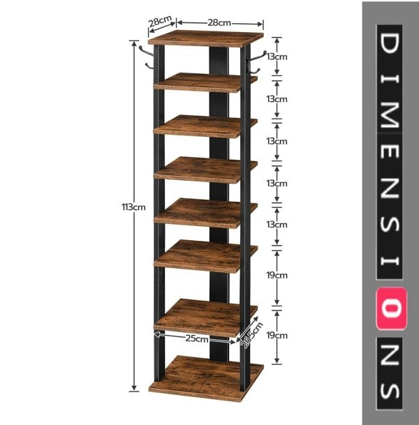 Modcraft 8 Tier Shoe Rack - Tall and Narrow with Vertical Storage