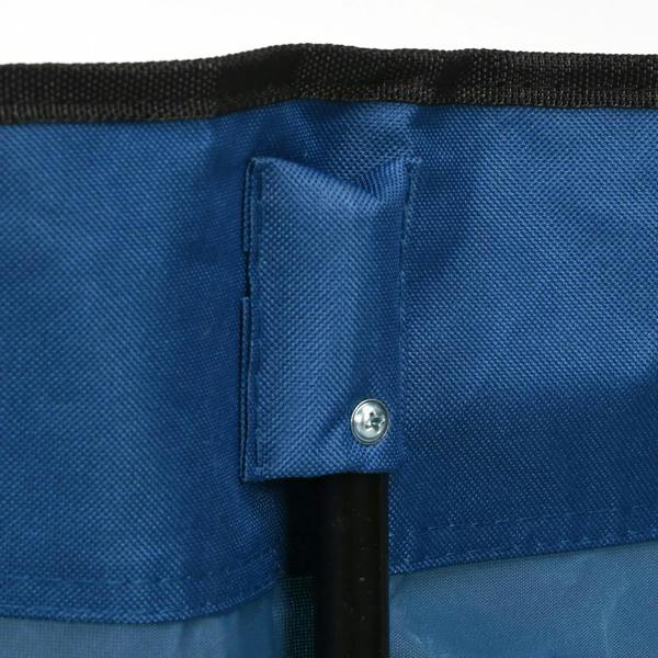 Blue folding chair corner close-up with stitched fabric panel and metal attachment point