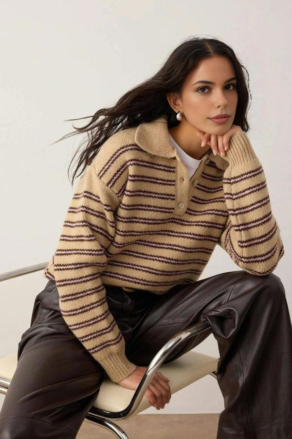 WOVCOR Basic Loose Fit Special Yarn Striped Knit Sweater