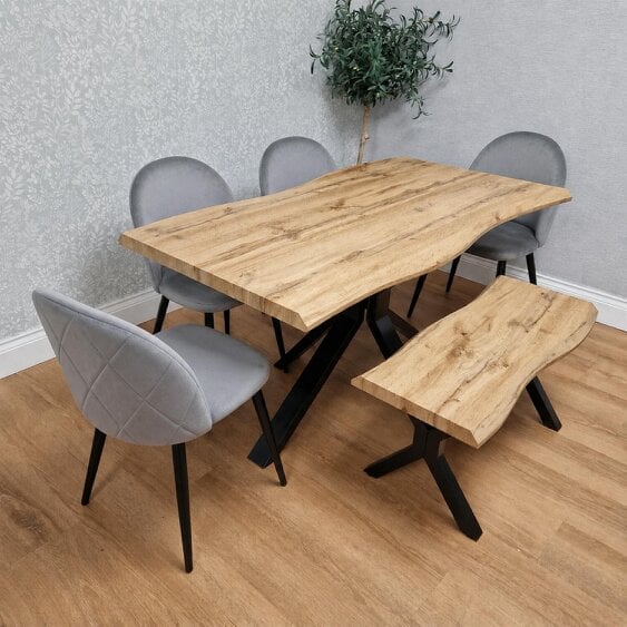 Kosy Koala Rustic Wood-Effect Wavy X-Shaped Legs Dining Table Set with 4 Grey Chairs & Bench, 140x80x75cm