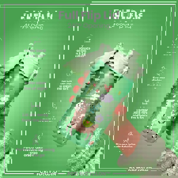 A green water bottle, featuring a llama design, is held; its full flip lid opens 240 degrees. The bottle is being shown against a green background. Full Flip Lid; 240° Opening; POD RECYCLON™.