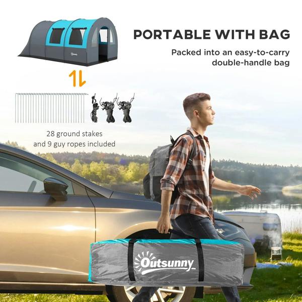 Grey and blue tunnel tent packed in carry bag with stakes and accessory set