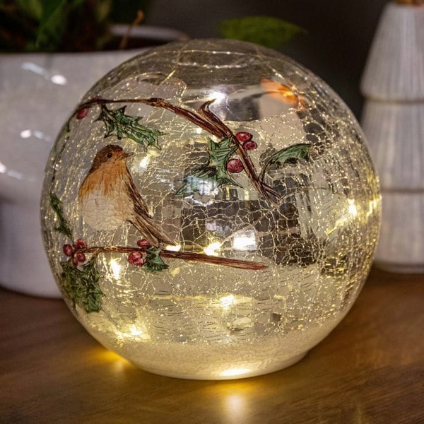 Samuel Alexander 15cm Battery Operated Light up Robin Crackle Glass Ball with 12 Warm White LEDs