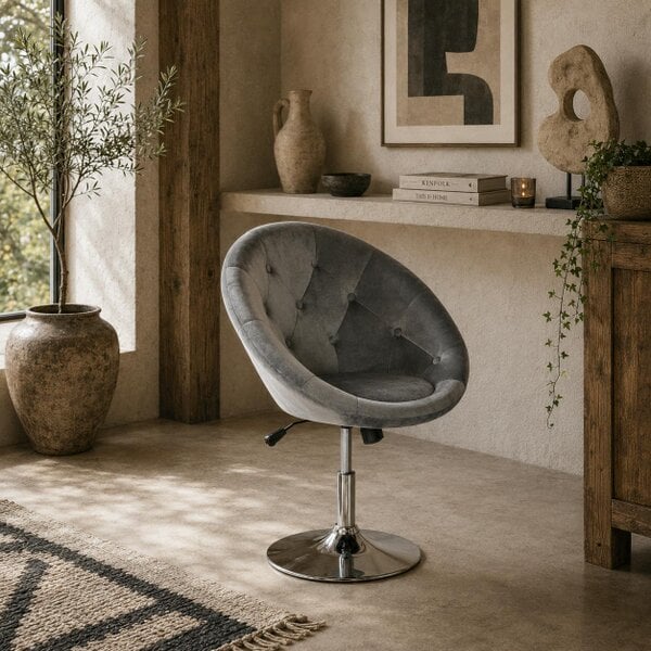 Wyld Haus Vefi Fabric Grey Adjustable Velvet Vanity Stool With Tufted Seat And Swivel Base