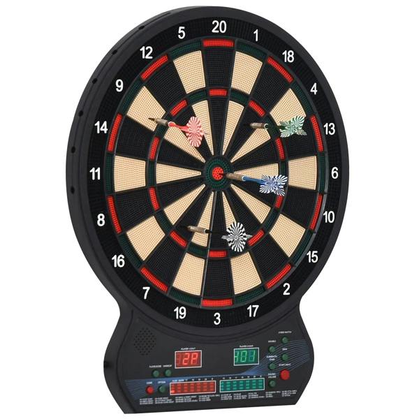 Electronic dartboard with LED digital score display and numbered target rings in black
