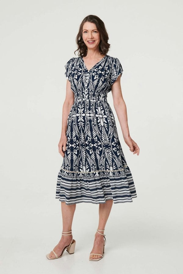 Navy | Printed Cap Sleeve Shirred Midi Dress
