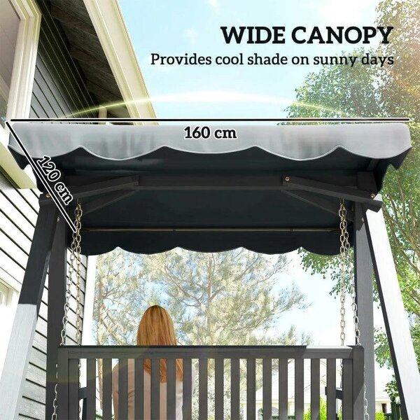 2 Seater Garden Swing Seat with Canopy, Wooden Swing Chair, Outdoor Hammock Bench for Balcony Patio Porch, Grey