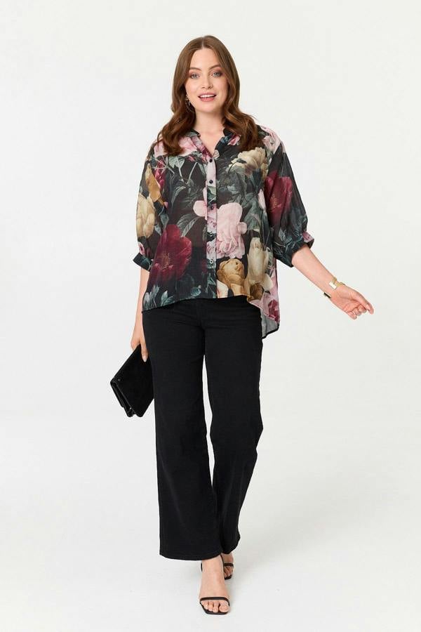 Black | Floral 3/4 Sleeve Button Back Blouse
