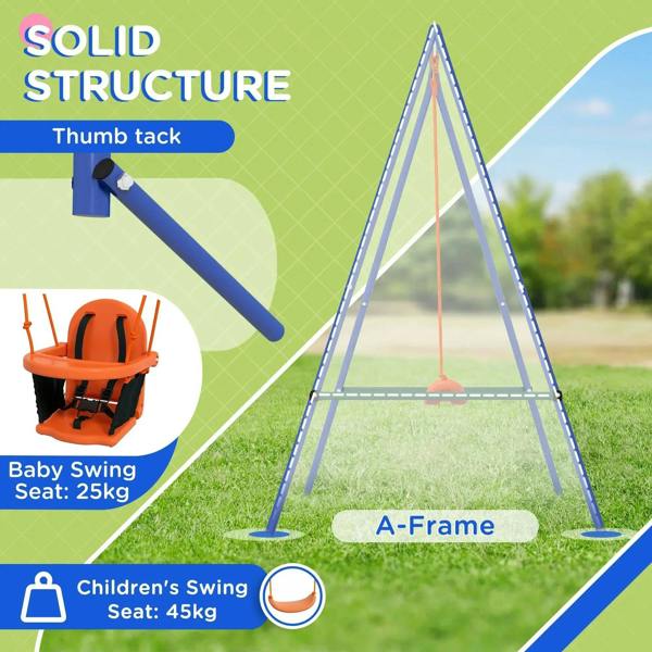 Blue A-frame toddler swing set with hanging orange seat and protective ropes