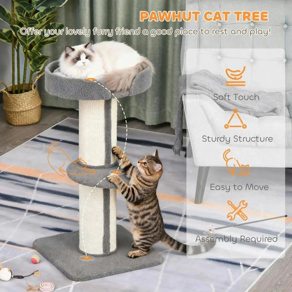 Grey cat tree with plush perch and scratching posts, with white-and-gray kitten