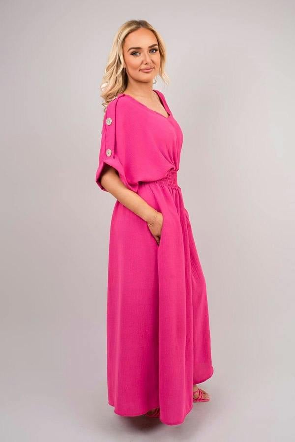 Zamara V Neck Short Sleeve Maxi Dress With Button Detail - Fuschia