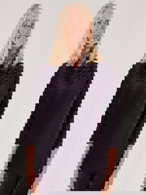 PennyPlain Ribbed Velour Cowl Neck Top- Blackcurrant