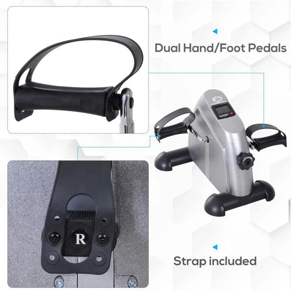 Silver mini pedal exerciser with dual hand/foot pedals and included straps