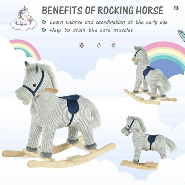 Grey plush rocking horse on wooden rockers with navy saddle, small standing figure view