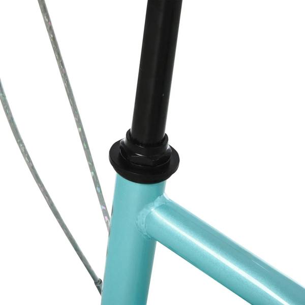 Teal scooter frame and black fork joint with adjustment tube detail