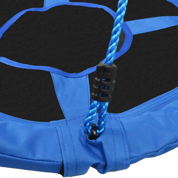 Close-up of blue hanging swing seat with black rope connector and braided strap