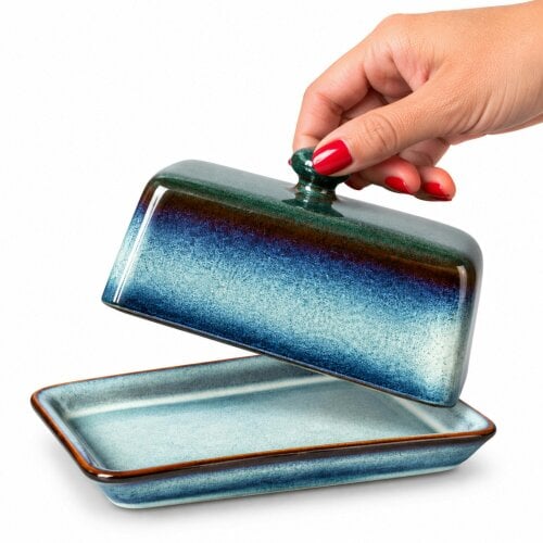 Skandi Home Nord Ocean Teal Traditional Reactive Glaze Ceramic Butter Dish