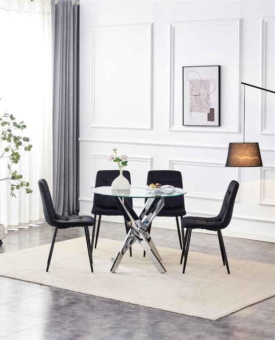 Kosy Koala Dining Table and 4 Chairs Round Glass Table 4 Black Velvet Chairs Dining Set