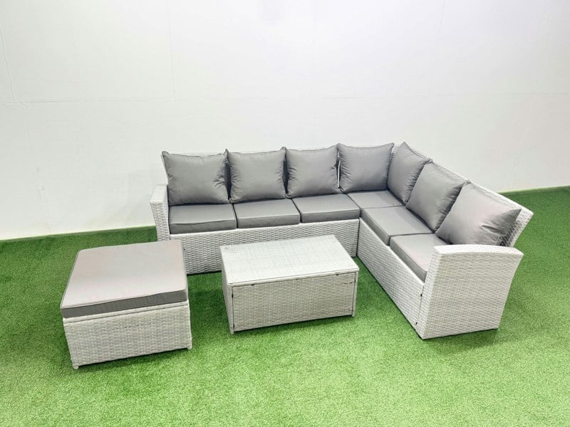 Fimous Garden Outdoor PE Rattan Furniture Set 7 Seater Rattan Garden Sofa Set with Oblong Coffee Table Light Grey Mixed