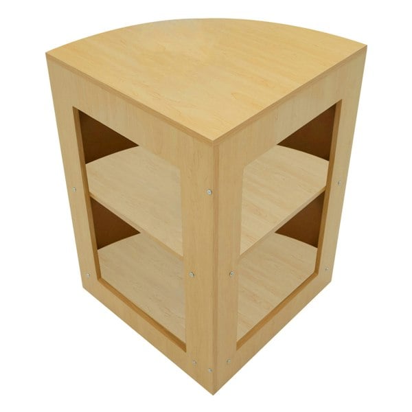 Curved maple LED shop counter with two open shelves, showcasing a smooth surface and natural wood grain for a modern look