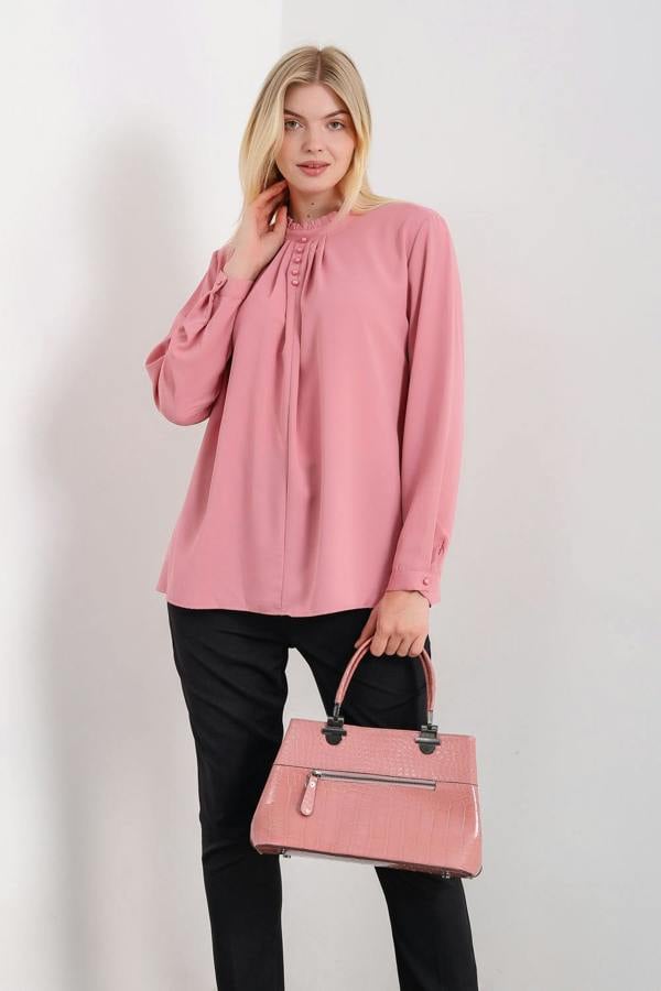 Hoxton Gal Oversized Ruffle Neck Top with Long Sleeves in Pink
