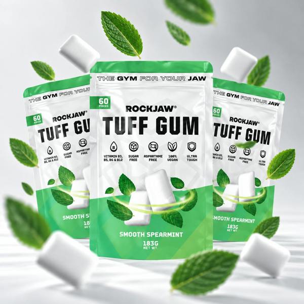 ROCKJAW Tuff Gum 2.0 (Stim-Free) + B Vitamins | Premium Ultra-Tough Jaw Gum - Smooth Spearmint - 2 Months Supply (BEST VALUE)